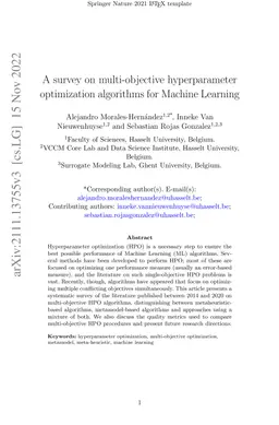 A survey on multi-objective hyperparameter optimization algorithms for
  Machine Learning