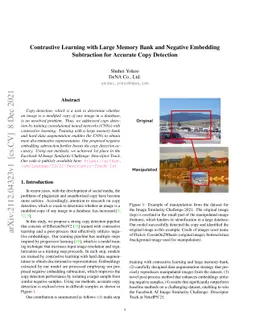 Contrastive Learning with Large Memory Bank and Negative Embedding
  Subtraction for Accurate Copy Detection