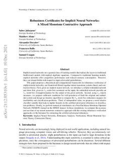 Robustness Certificates for Implicit Neural Networks: A Mixed Monotone
  Contractive Approach