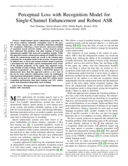Perceptual Loss with Recognition Model for Single-Channel Enhancement
  and Robust ASR