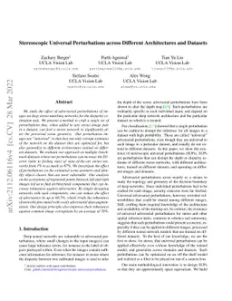 Stereoscopic Universal Perturbations across Different Architectures and
  Datasets