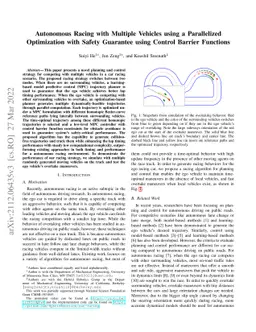 Autonomous Racing with Multiple Vehicles using a Parallelized
  Optimization with Safety Guarantee using Control Barrier Functions