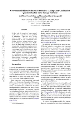 Conversational Search with Mixed-Initiative -- Asking Good Clarification
  Questions backed-up by Passage Retrieval