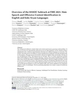 Overview of the HASOC Subtrack at FIRE 2021: Hate Speech and Offensive
  Content Identification in English and Indo-Aryan Languages