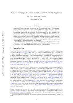 Convergence of GANs Training: A Game and Stochastic Control Methodology