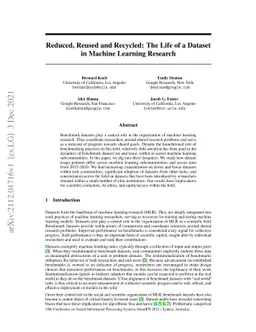Reduced, Reused and Recycled: The Life of a Dataset in Machine Learning
  Research