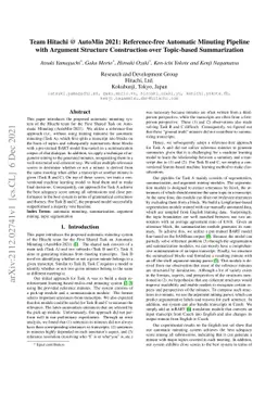 Team Hitachi @ AutoMin 2021: Reference-free Automatic Minuting Pipeline
  with Argument Structure Construction over Topic-based Summarization