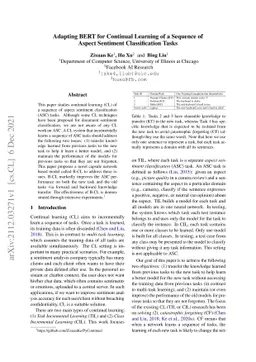 Adapting BERT for Continual Learning of a Sequence of Aspect Sentiment
  Classification Tasks