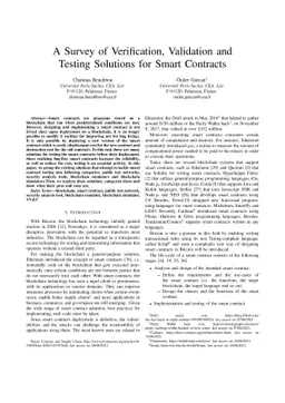 A Survey of Verification, Validation and Testing Solutions for Smart
  Contracts