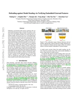 Defending against Model Stealing via Verifying Embedded External
  Features