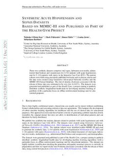 Synthetic Acute Hypotension and Sepsis Datasets Based on MIMIC-III and
  Published as Part of the Health Gym Project