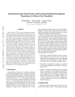 Synchronized Audio-Visual Frames with Fractional Positional Encoding for
  Transformers in Video-to-Text Translation
