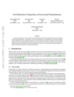 On Distinctive Properties of Universal Perturbations