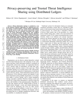 Privacy-preserving and Trusted Threat Intelligence Sharing using
  Distributed Ledgers
