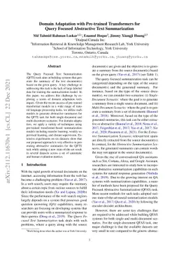 Domain Adaptation with Pre-trained Transformers for Query Focused
  Abstractive Text Summarization