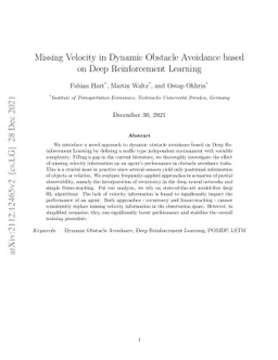Missing Velocity in Dynamic Obstacle Avoidance based on Deep
  Reinforcement Learning