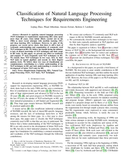 Classification of Natural Language Processing Techniques for
  Requirements Engineering