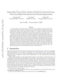 Independent Natural Policy Gradient Methods for Potential Games:
  Finite-time Global Convergence with Entropy Regularization
