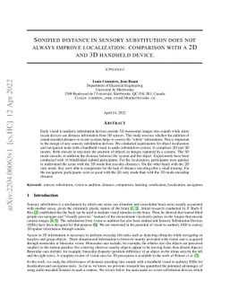Sonified distance in sensory substitution does not always improve
  localization: comparison with a 2D and 3D handheld device