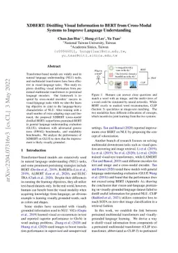 XDBERT: Distilling Visual Information to BERT from Cross-Modal Systems
  to Improve Language Understanding