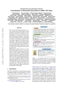 Super-NaturalInstructions: Generalization via Declarative Instructions
  on 1600+ NLP Tasks