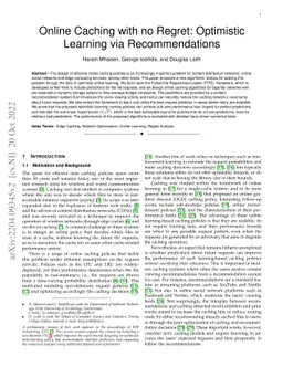Online Caching with no Regret: Optimistic Learning via Recommendations
