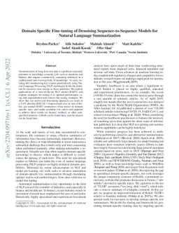 Domain Specific Fine-tuning of Denoising Sequence-to-Sequence Models for
  Natural Language Summarization