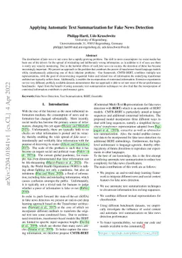 Applying Automatic Text Summarization for Fake News Detection