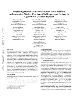 Improving Human-AI Partnerships in Child Welfare: Understanding Worker
  Practices, Challenges, and Desires for Algorithmic Decision Support