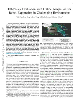 Off-Policy Evaluation with Online Adaptation for Robot Exploration in
  Challenging Environments