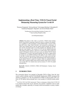 Implementing a Real-Time, YOLOv5 based Social Distancing Measuring
  System for Covid-19