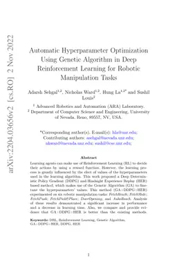 Automatic Parameter Optimization Using Genetic Algorithm in Deep
  Reinforcement Learning for Robotic Manipulation Tasks
