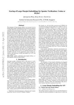 Scoring of Large-Margin Embeddings for Speaker Verification: Cosine or
  PLDA?