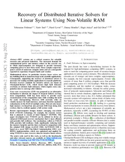 Recovery of Distributed Iterative Solvers for Linear Systems Using
  Non-Volatile RAM