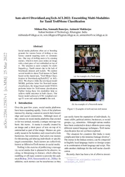hate-alert@DravidianLangTech-ACL2022: Ensembling Multi-Modalities for
  Tamil TrollMeme Classification