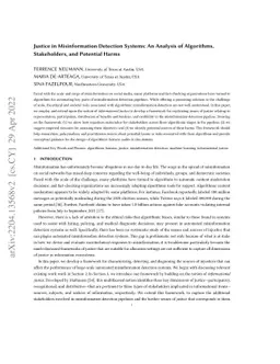 Justice in Misinformation Detection Systems: An Analysis of Algorithms,
  Stakeholders, and Potential Harms