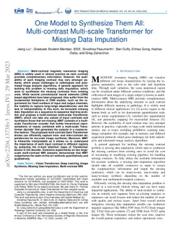 One Model to Synthesize Them All: Multi-contrast Multi-scale Transformer
  for Missing Data Imputation