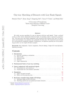 One-Way Matching of Datasets with Low Rank Signals
