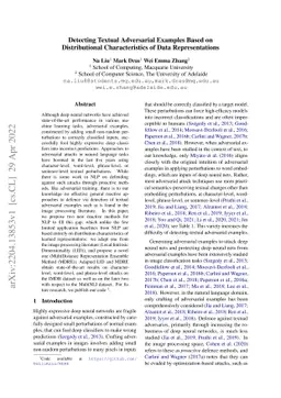 Detecting Textual Adversarial Examples Based on Distributional
  Characteristics of Data Representations