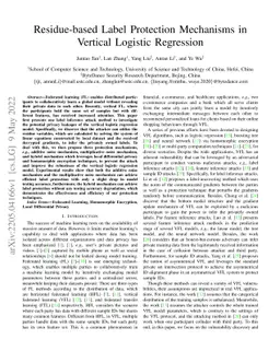 Residue-based Label Protection Mechanisms in Vertical Logistic
  Regression