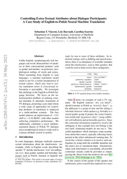 Controlling Extra-Textual Attributes about Dialogue Participants -- A
  Case Study of English-to-Polish Neural Machine Translation