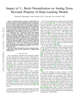 Impact of L1 Batch Normalization on Analog Noise Resistant Property of
  Deep Learning Models