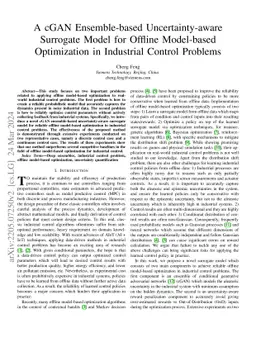 A cGAN Ensemble-based Uncertainty-aware Surrogate Model for Offline
  Model-based Optimization in Industrial Control Problems