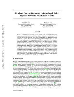 Gradient Descent Optimizes Infinite-Depth ReLU Implicit Networks with
  Linear Widths