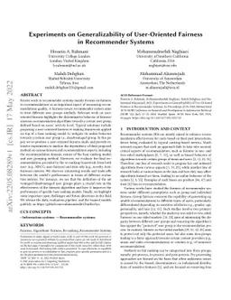 Experiments on Generalizability of User-Oriented Fairness in Recommender
  Systems