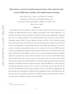 Data-driven control of spatiotemporal chaos with reduced-order neural
  ODE-based models and reinforcement learning