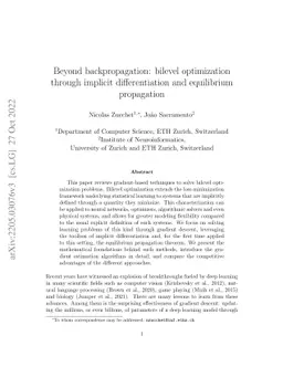 Beyond backpropagation: bilevel optimization through implicit
  differentiation and equilibrium propagation
