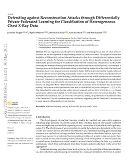 Defending against Reconstruction Attacks through Differentially Private
  Federated Learning for Classification of Heterogeneous Chest X-Ray Data