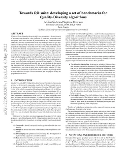 Towards QD-suite: developing a set of benchmarks for Quality-Diversity
  algorithms