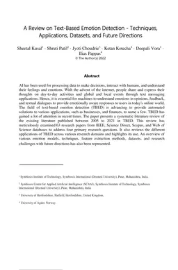 A Review on Text-Based Emotion Detection -- Techniques, Applications,
  Datasets, and Future Directions